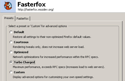 Screenshot of the FasterFox Options Dialog