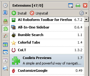 Screenshot of the All-In-One Sidebar, Installed Extensions View