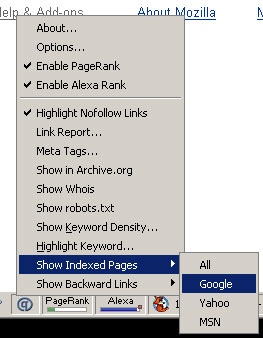 Screenshot of SearchStatus Toolbar and Menu Options
